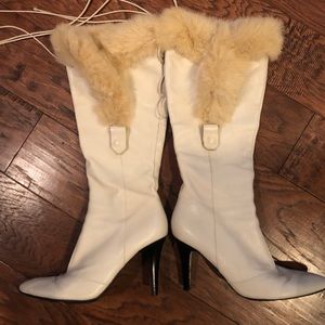 Nine West Heel Leather Boot with rabbit fur trim.